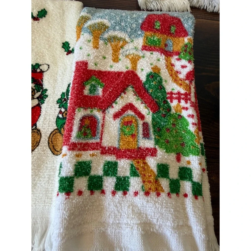 Vintage Christmas Kitchen Towel Pot Holder Set 14oc Santa Snowman Hanging Towels